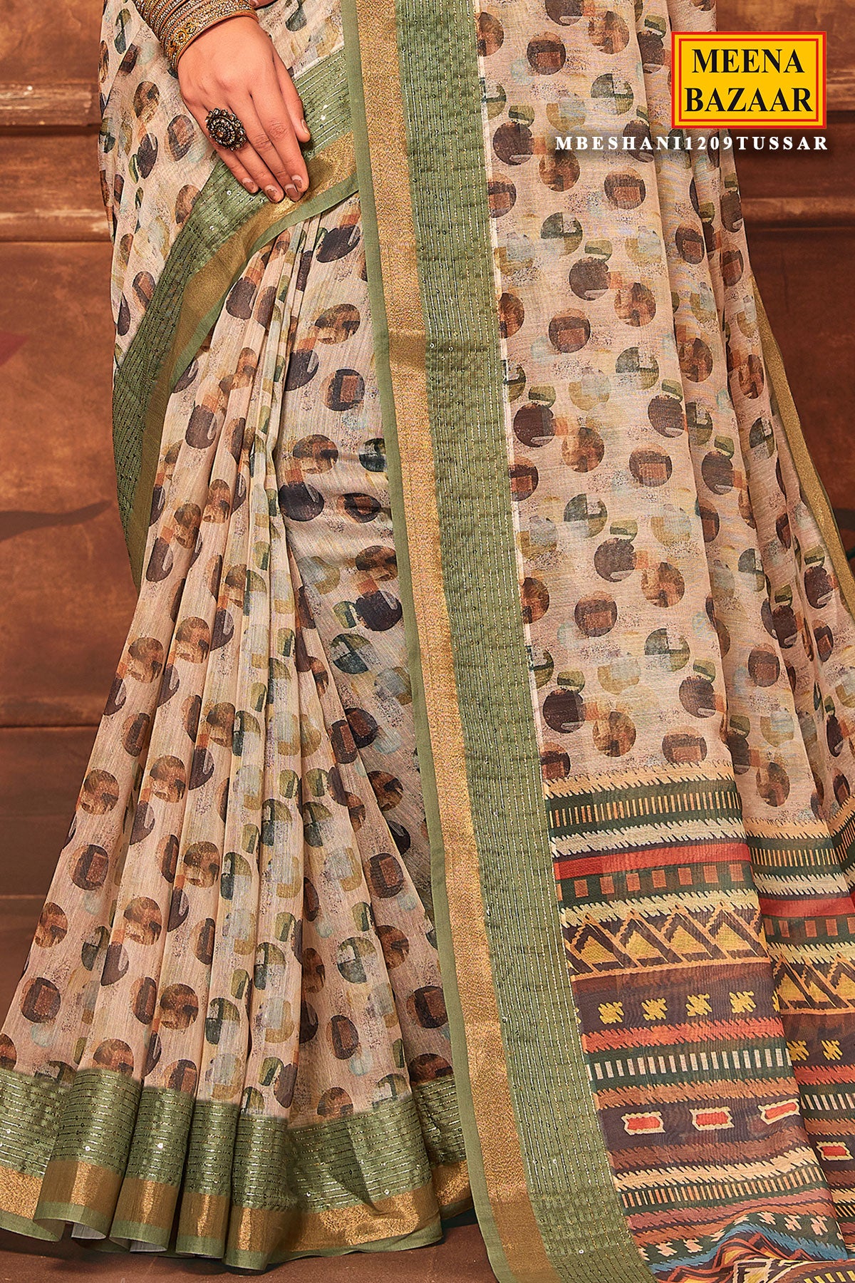 Cream & Green Cotton Blend Sequin Embroidered Saree