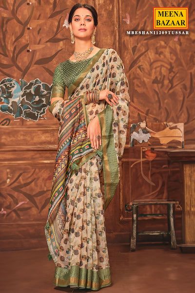Cream & Green Cotton Blend Sequin Embroidered Saree