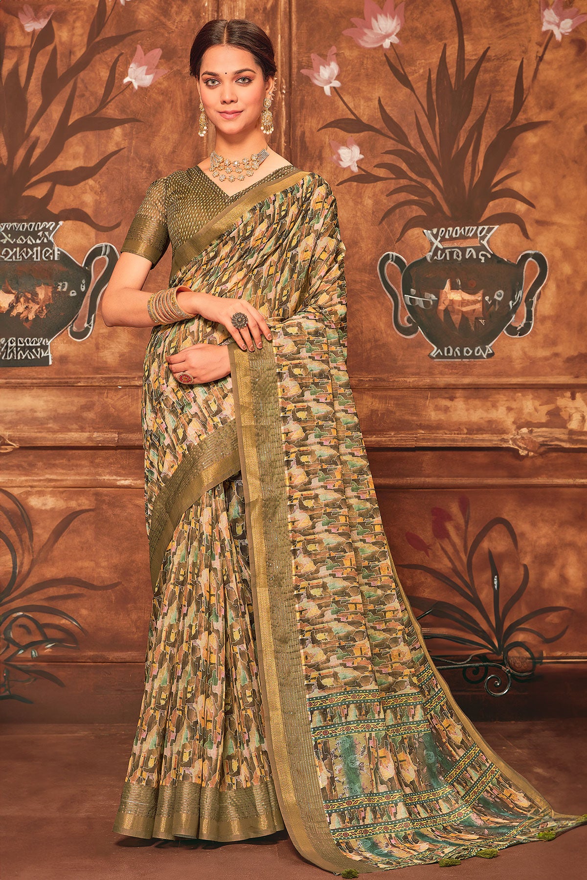 Brown Cotton Blend Sequin Embroidered Saree