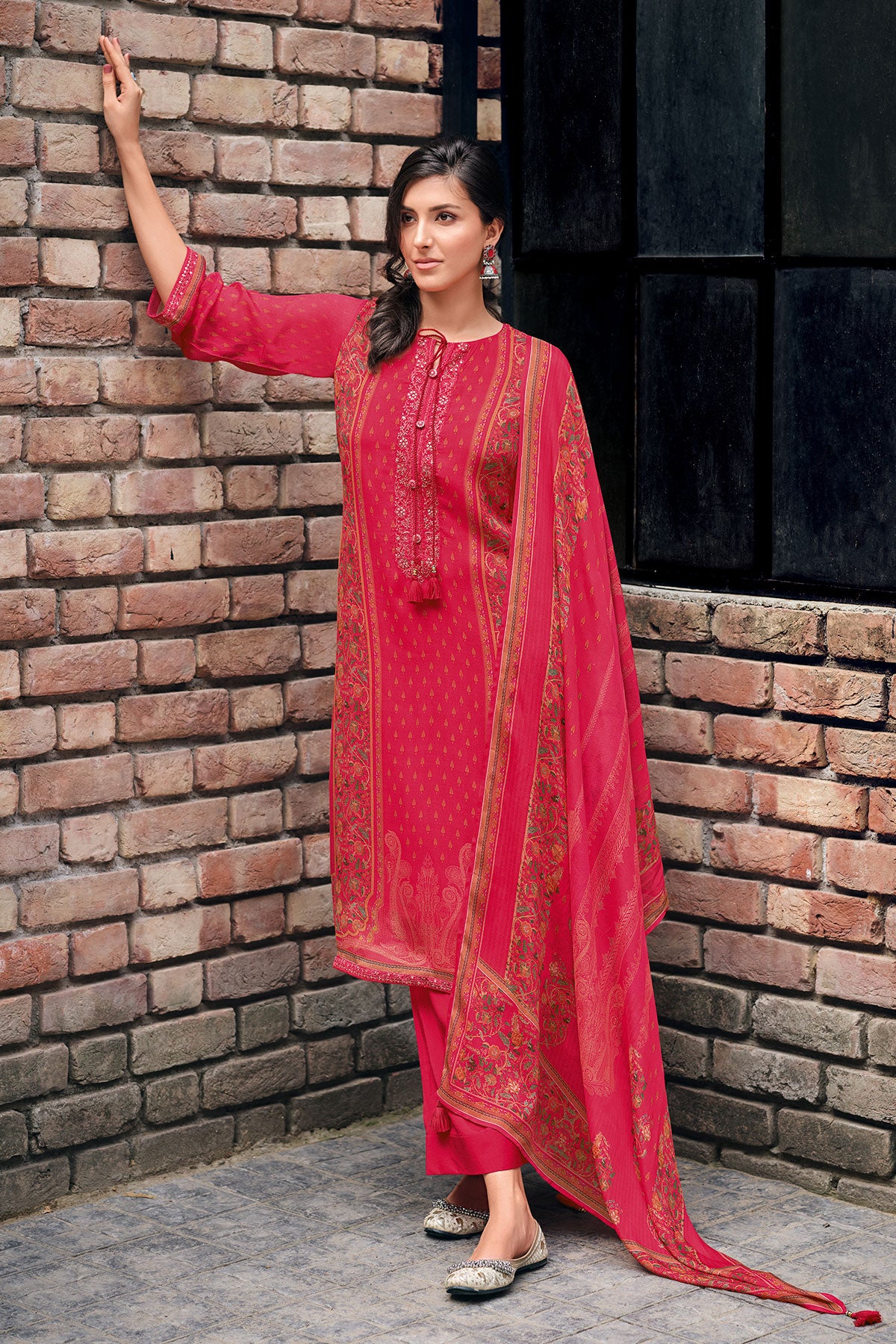 Red Viscose Chinon Printed Suit Set with Embroidered Neckline