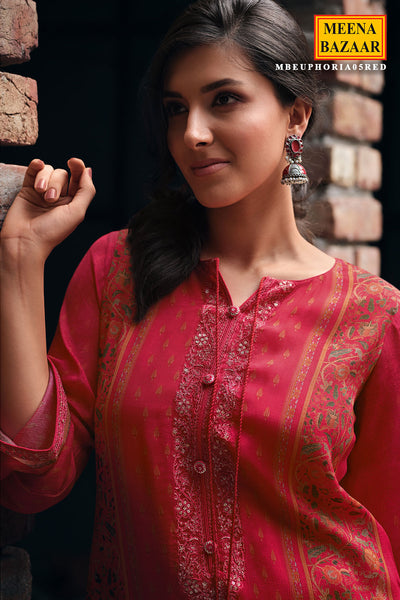 Red Viscose Chinon Printed Suit Set with Embroidered Neckline