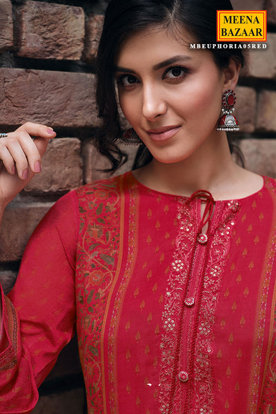 Red Viscose Chinon Printed Suit Set with Embroidered Neckline