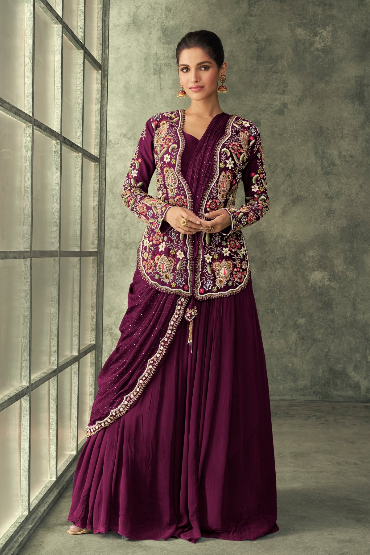 Wine Georgette Embroidered Saree Gown With Jacket