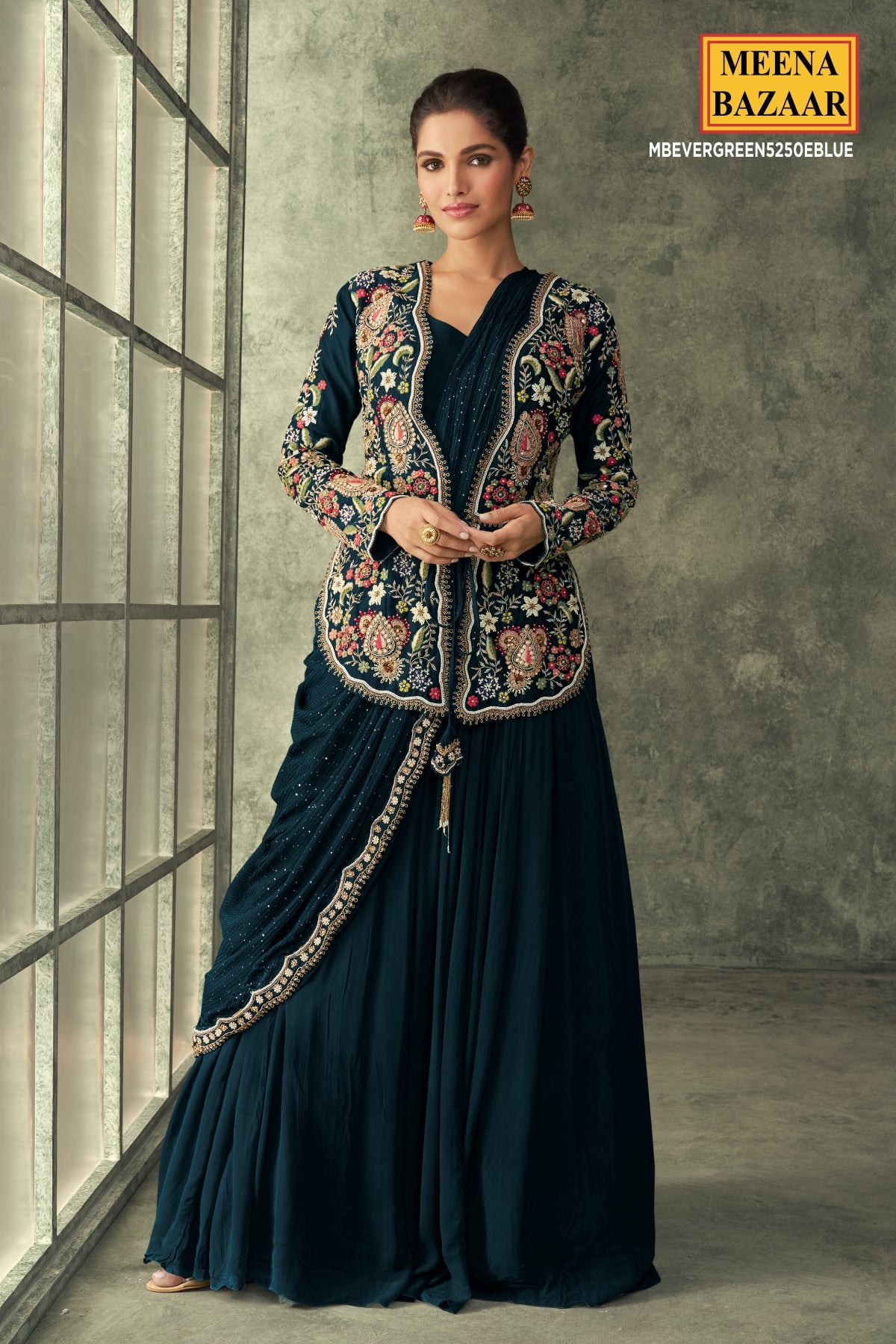 Navy Blue Georgette Embroidered Saree Gown With Jacket