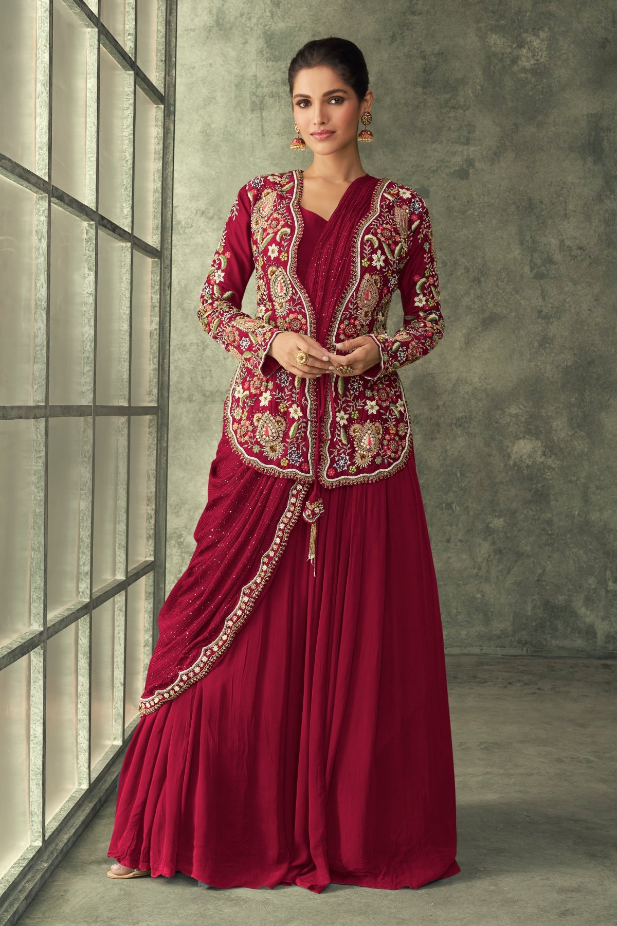 Maroon Georgette Embroidered Saree Gown With Jacket