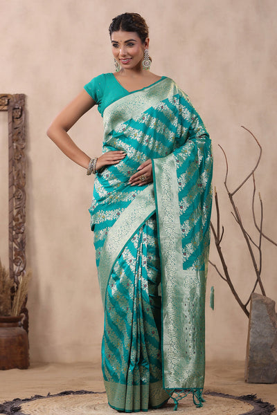 Rama Blended Silk Floral Vine Motif Zari Embroidered Saree