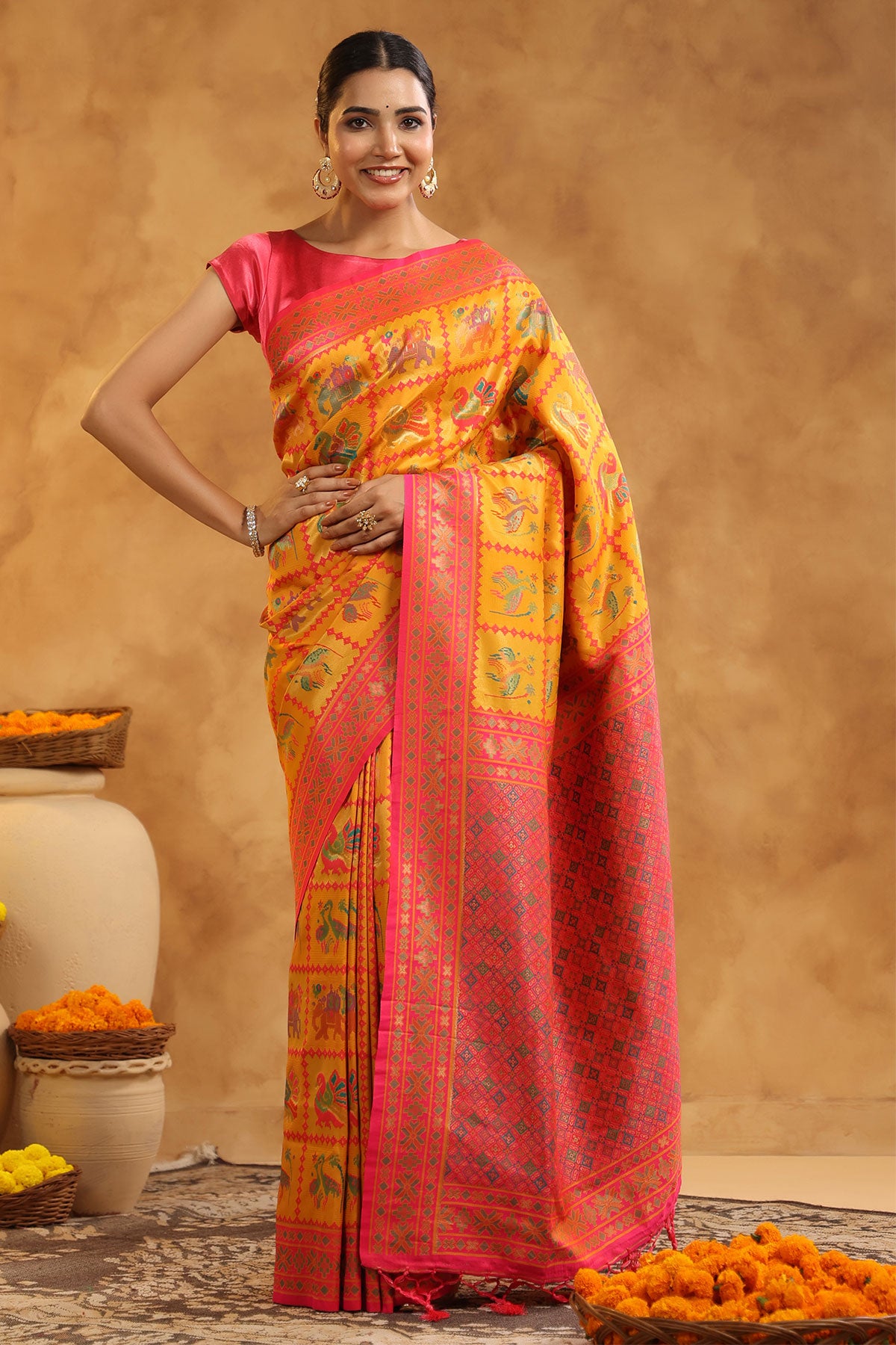 Mustard Silk Zari Resham Thread Woven Saree