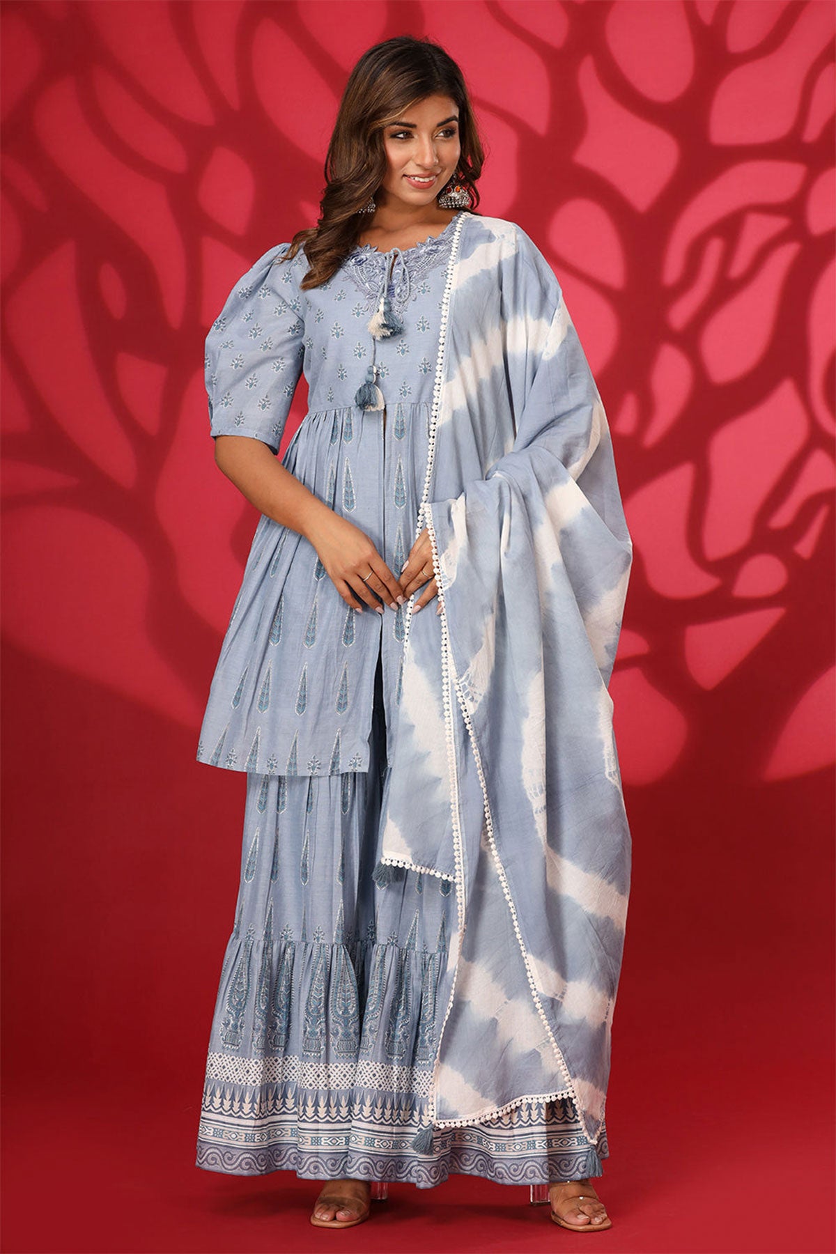 Grey Cotton Lace Embroidered Neck Kurti-Sharara Suit Set