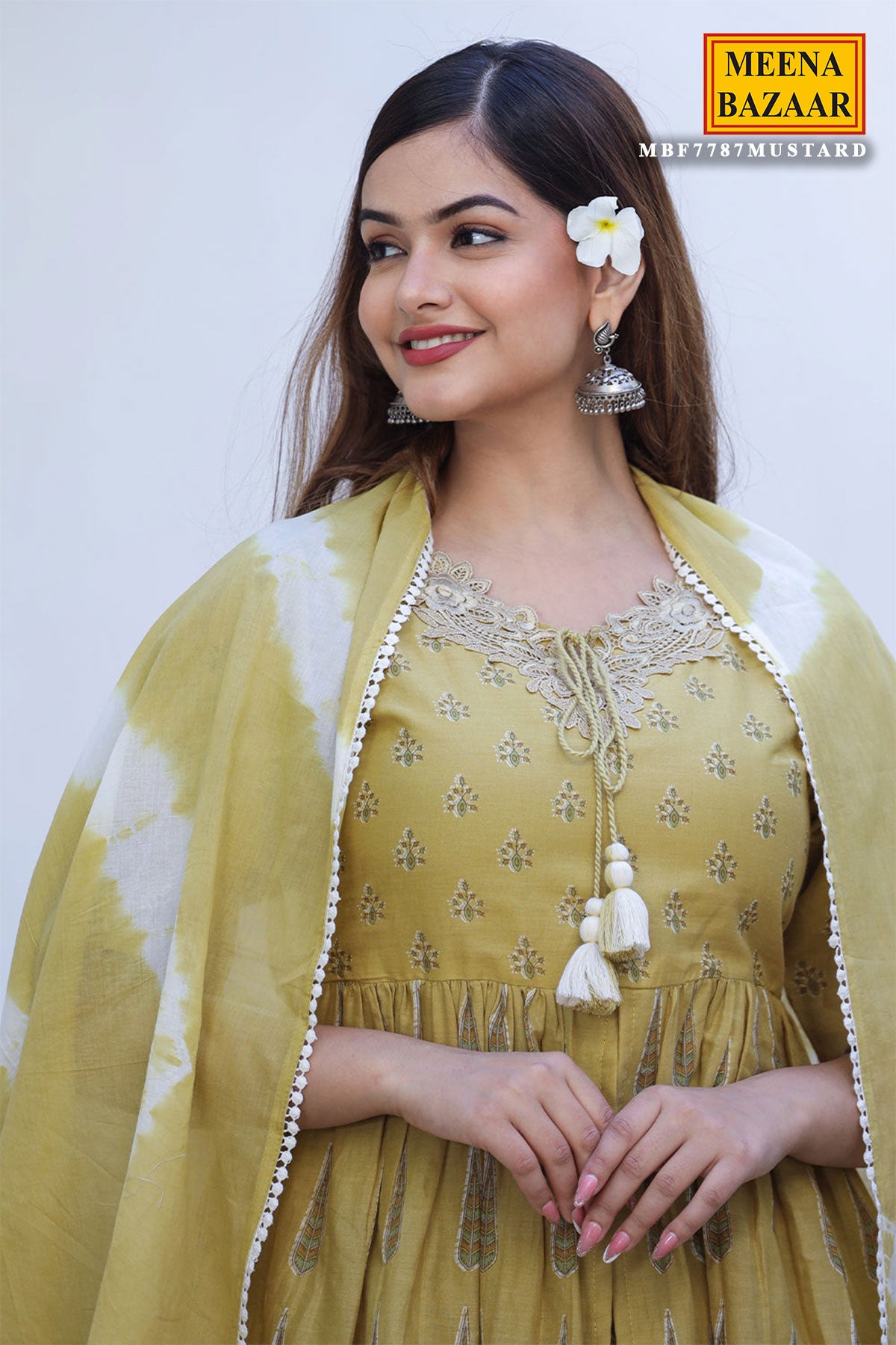 Mustard Cotton Lace Embroidered Neck Kurti-Sharara Suit Set