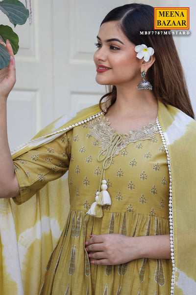 Mustard Cotton Lace Embroidered Neck Kurti-Sharara Suit Set