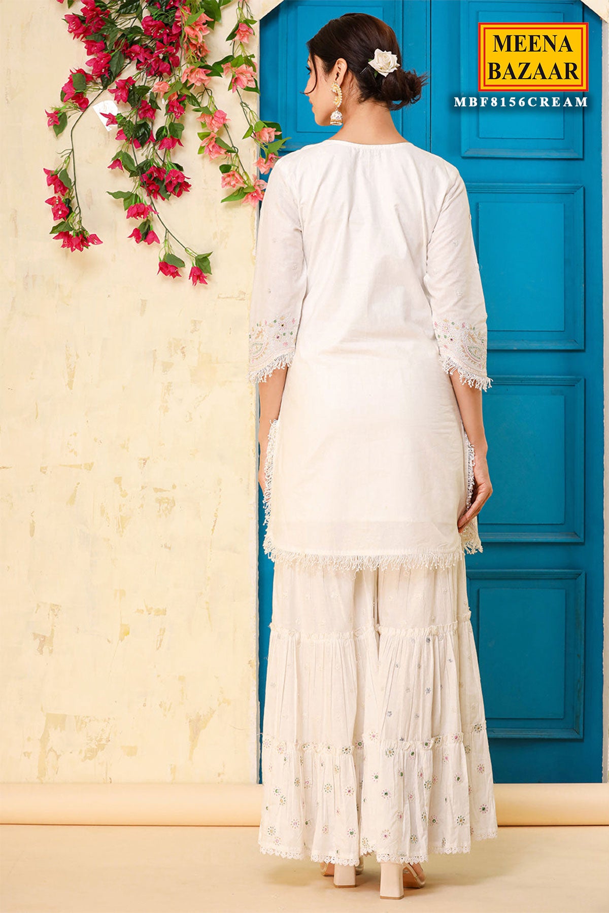 White Cotton Mirror and Threadwork Embroidered Gharara Suit Set