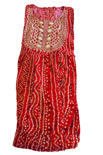 Red Rayon Bandhani Printed Neck Embroidered Kurti