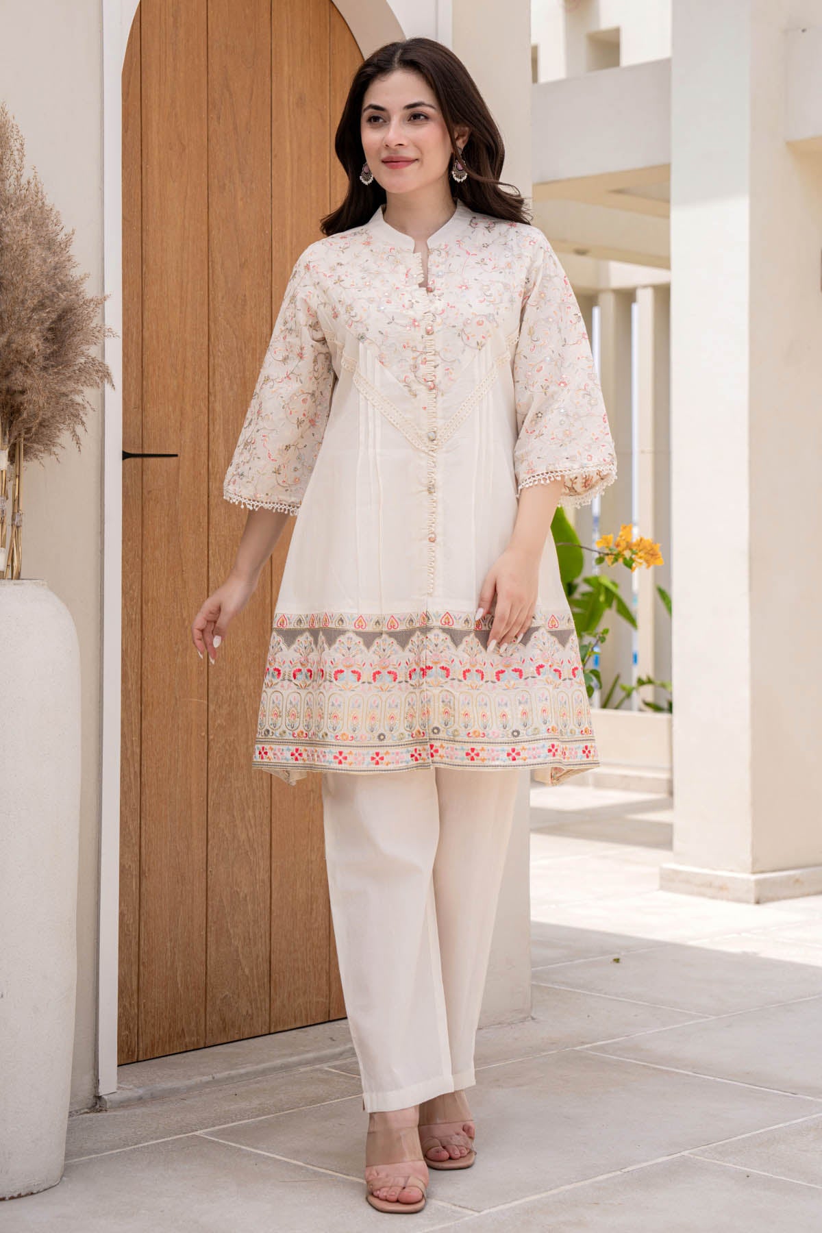 Cream Cotton 2pc Floral Embroidered Co-ord Set With Pants