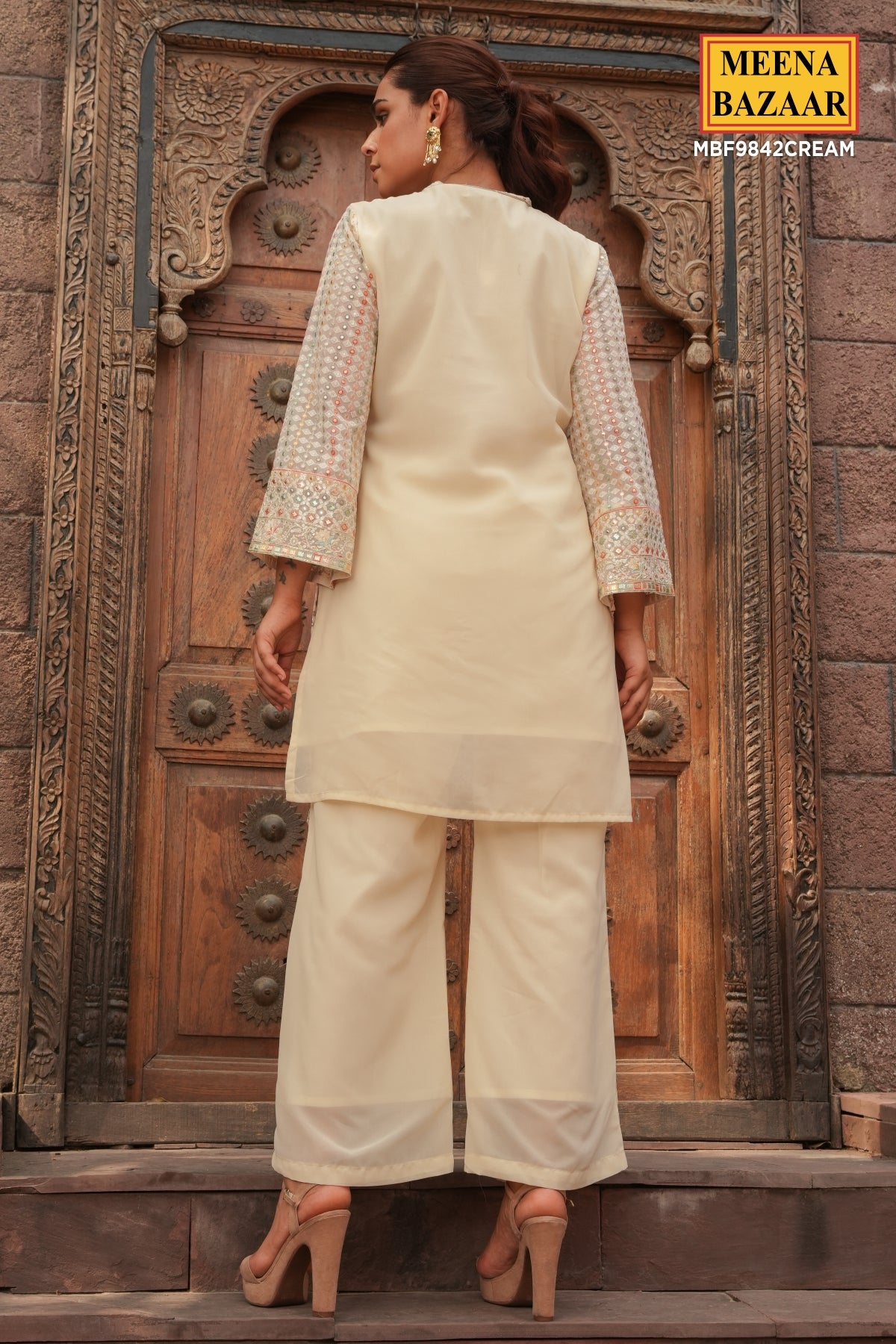 Cream Floral Thread Embroidered Georgette Tunic With Pant