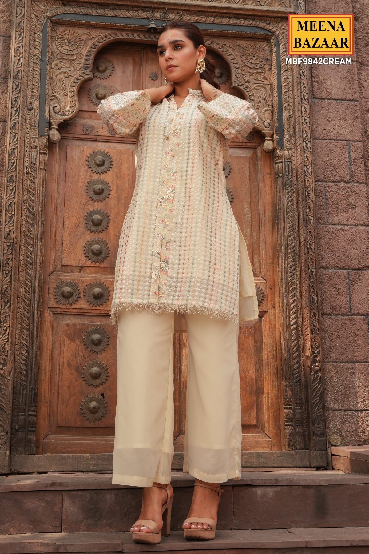 Cream Floral Thread Embroidered Georgette Tunic With Pant