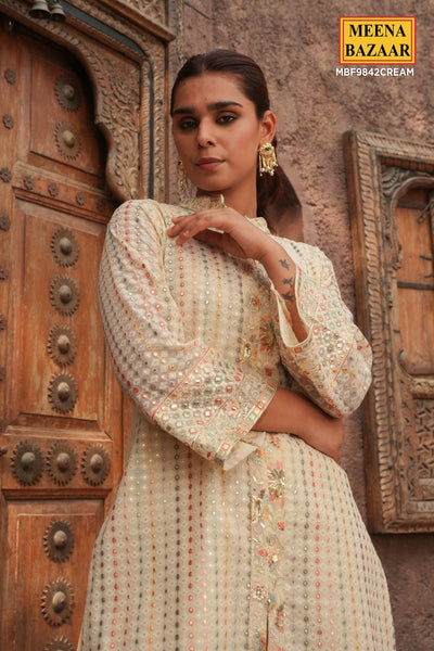 Cream Floral Thread Embroidered Georgette Tunic With Pant