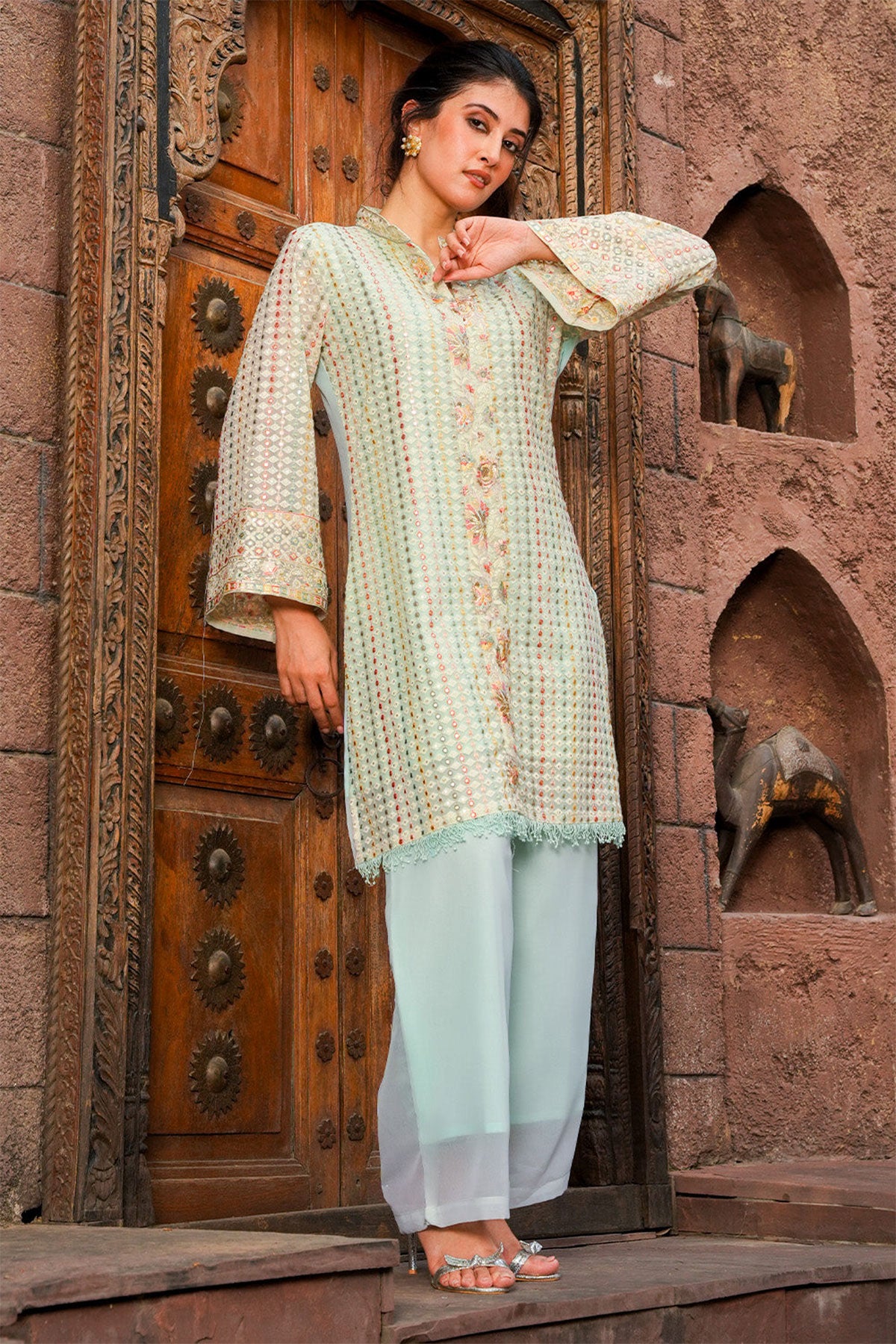 Light Blue Floral Thread Embroidered Georgette Tunic With Pant