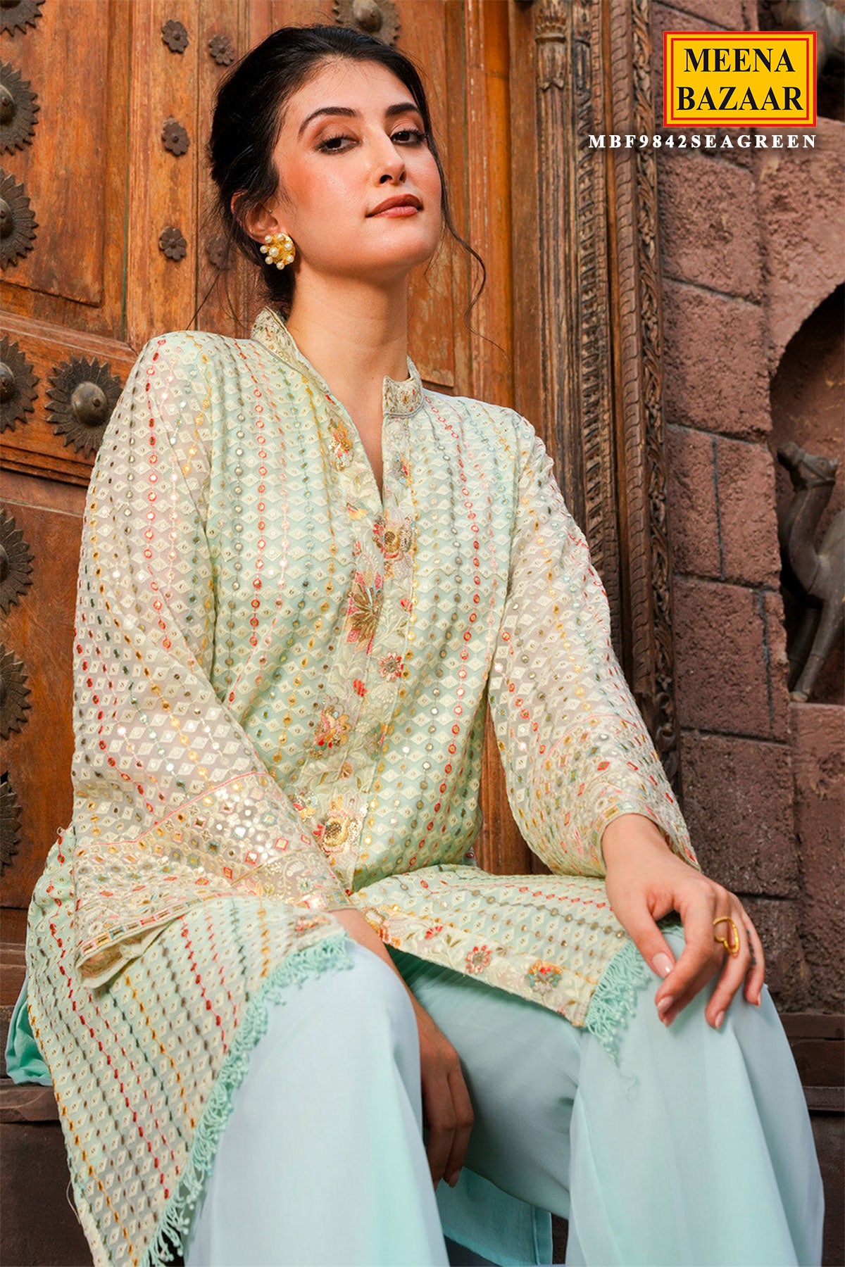 Light Blue Floral Thread Embroidered Georgette Tunic With Pant