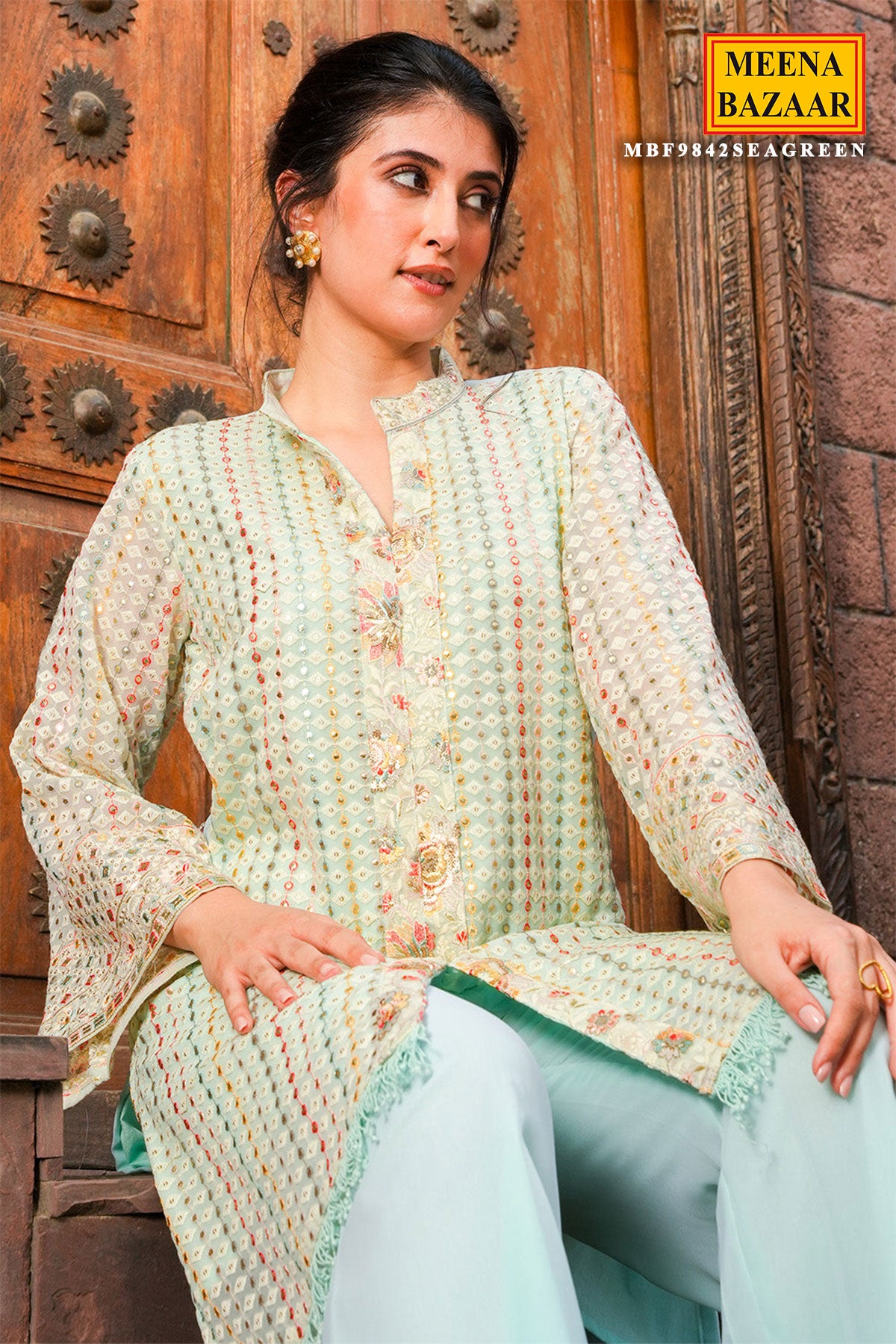 Light Blue Floral Thread Embroidered Georgette Tunic With Pant