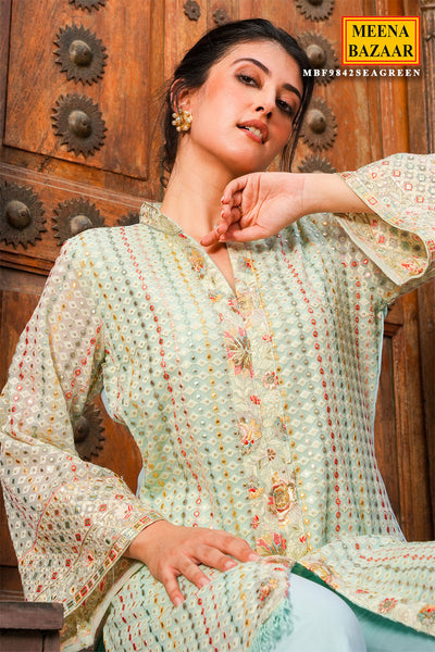 Light Blue Floral Thread Embroidered Georgette Tunic With Pant