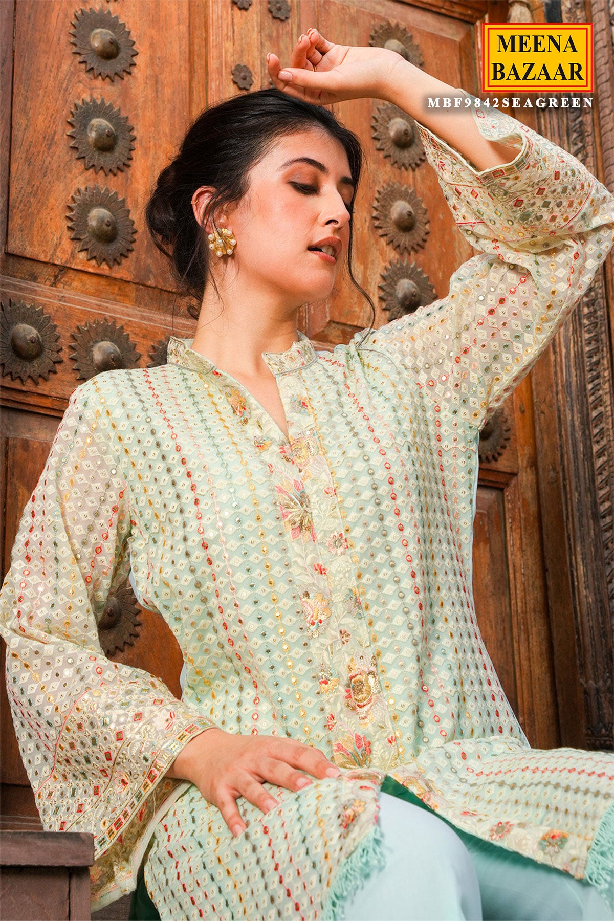 Light Blue Floral Thread Embroidered Georgette Tunic With Pant