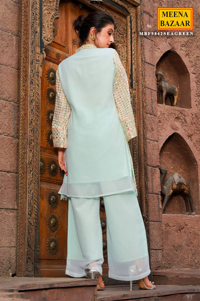 Light Blue Floral Thread Embroidered Georgette Tunic With Pant