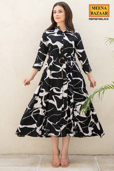 Black Rayon Printed Shirt Collar Dress