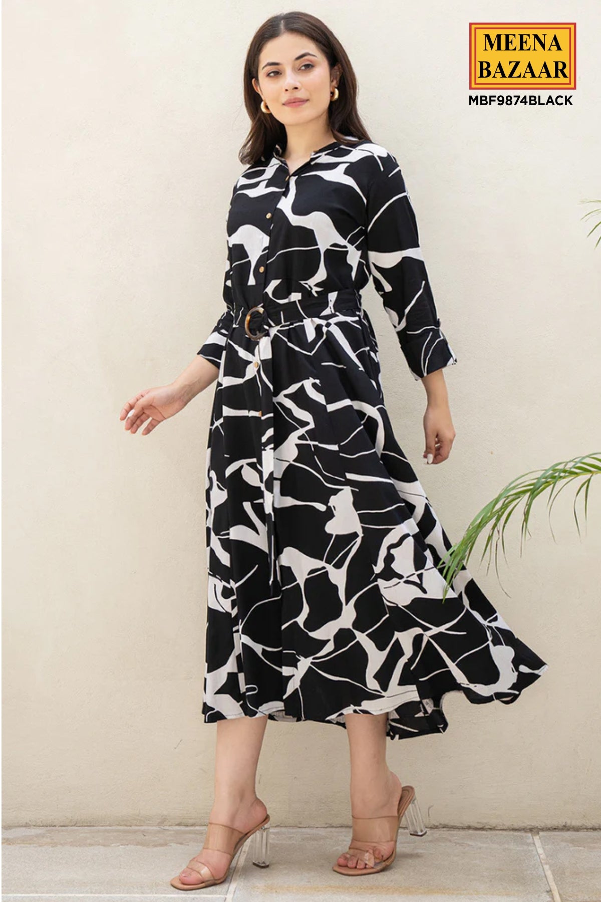 Black Rayon Printed Shirt Collar Dress