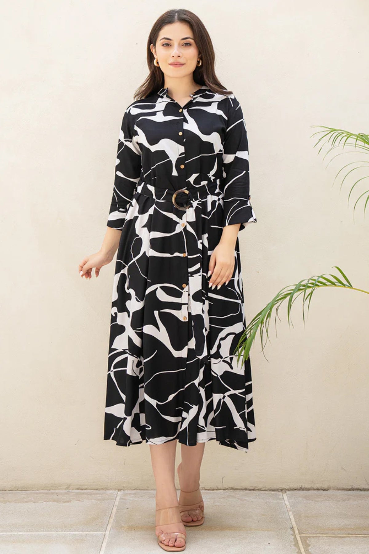 Black Rayon Printed Shirt Collar Dress