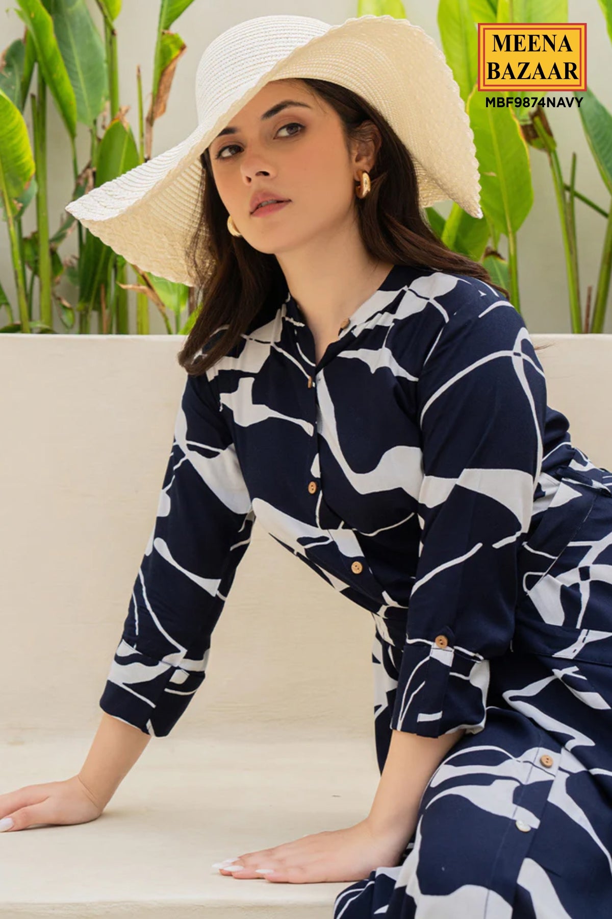 Navy Rayon Printed Shirt Collar Dress