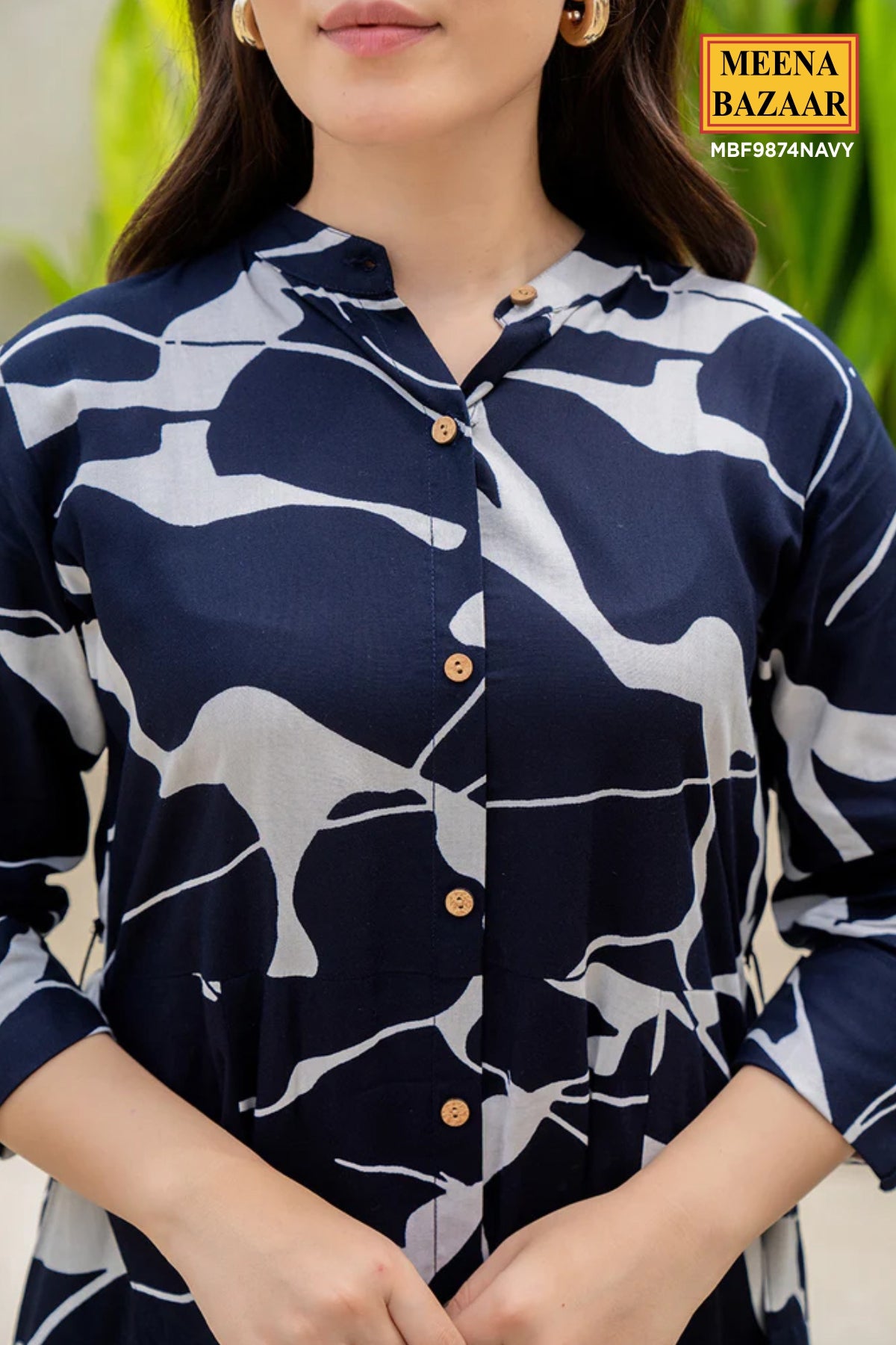 Navy Rayon Printed Shirt Collar Dress