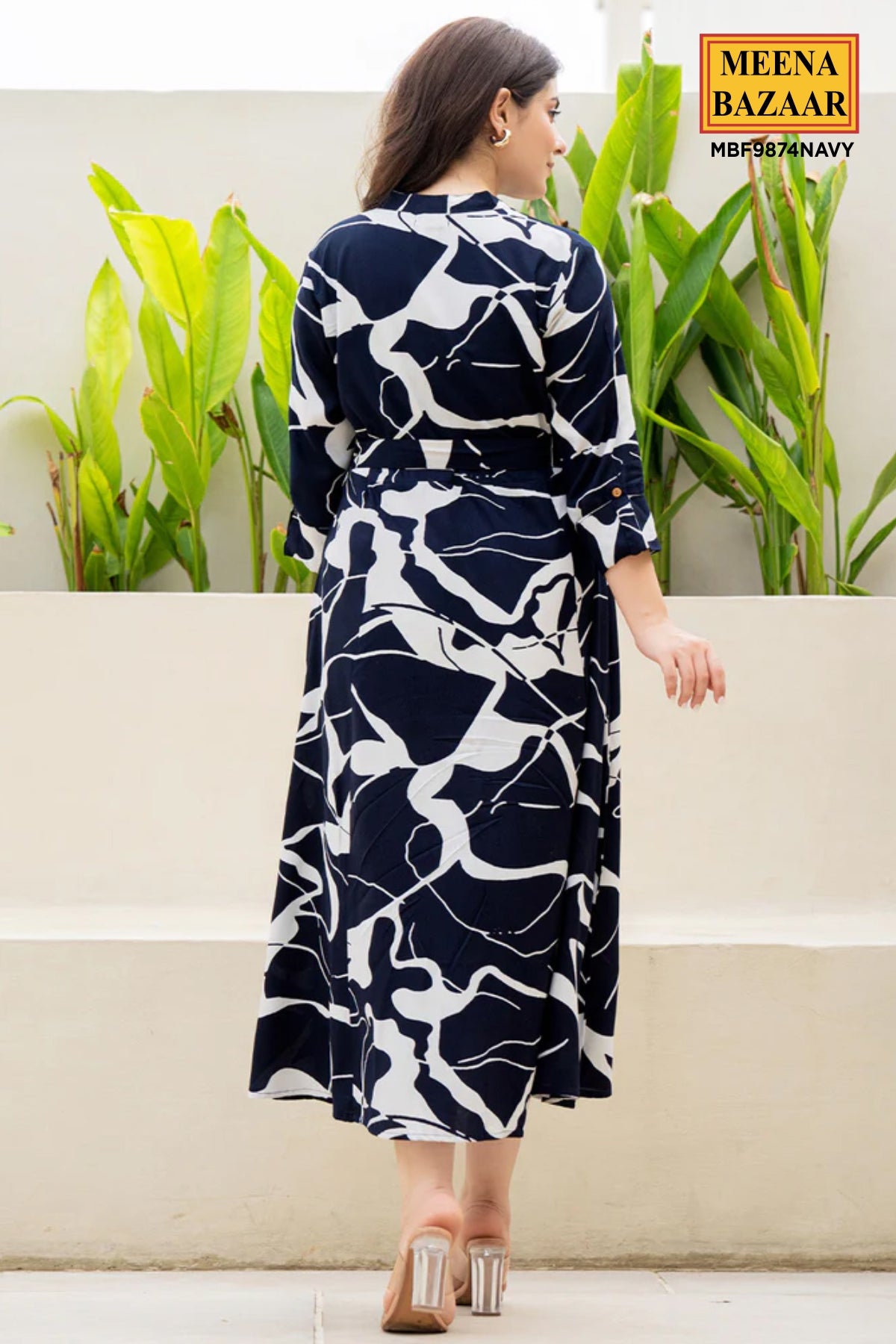 Navy Rayon Printed Shirt Collar Dress