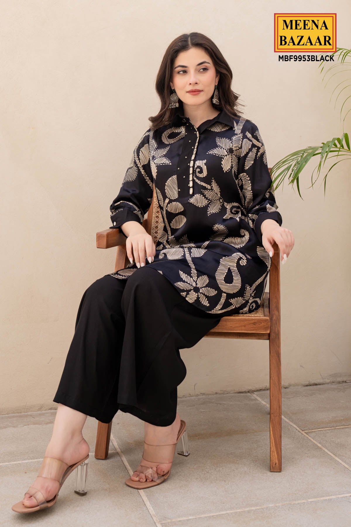 Black Floral Printed Mirror Embellished Satin Kurti Pant Co-Ord Set