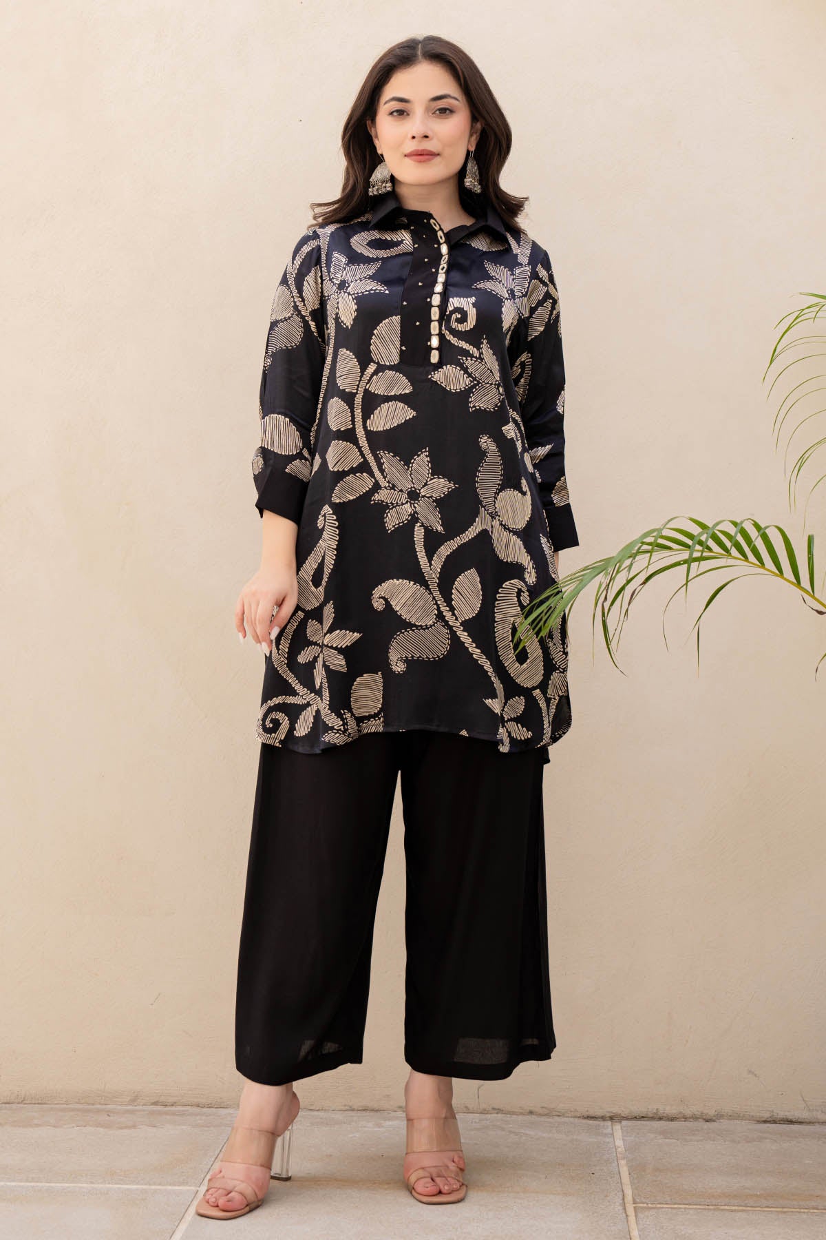 Black Floral Printed Mirror Embellished Satin Kurti Pant Co-Ord Set