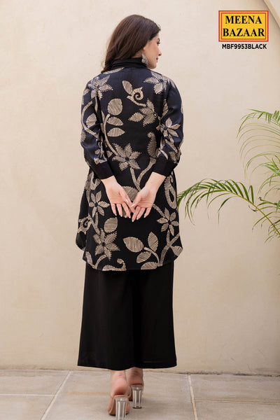 Black Floral Printed Mirror Embellished Satin Kurti Pant Co-Ord Set