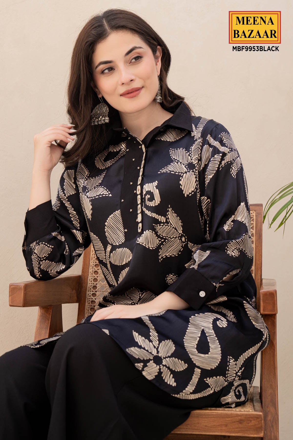 Black Floral Printed Mirror Embellished Satin Kurti Pant Co-Ord Set