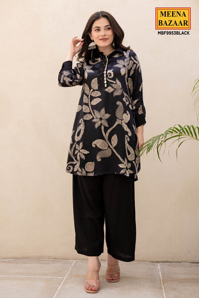 Black Floral Printed Mirror Embellished Satin Kurti Pant Co-Ord Set