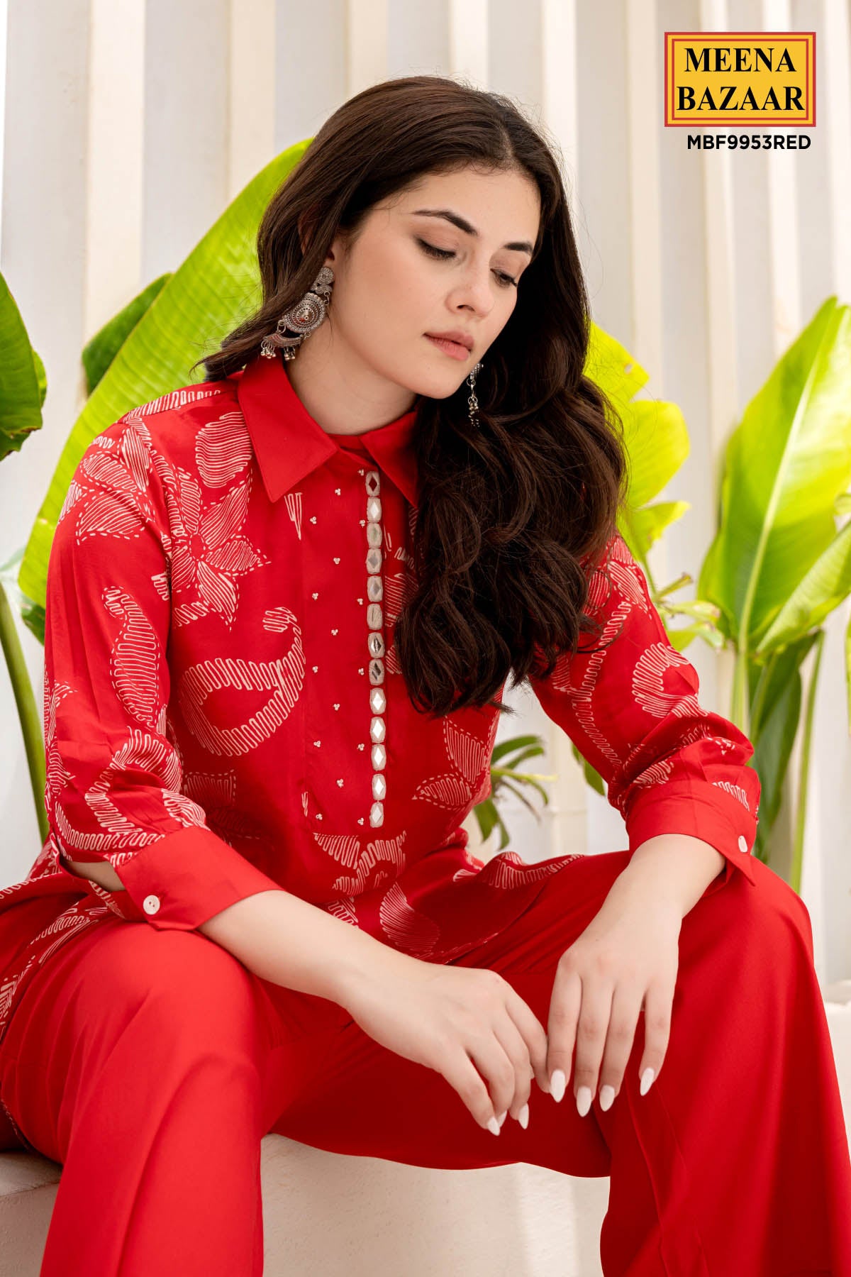 Red Floral Printed Mirror Embellished Satin Kurti Pant Co-Ord Set