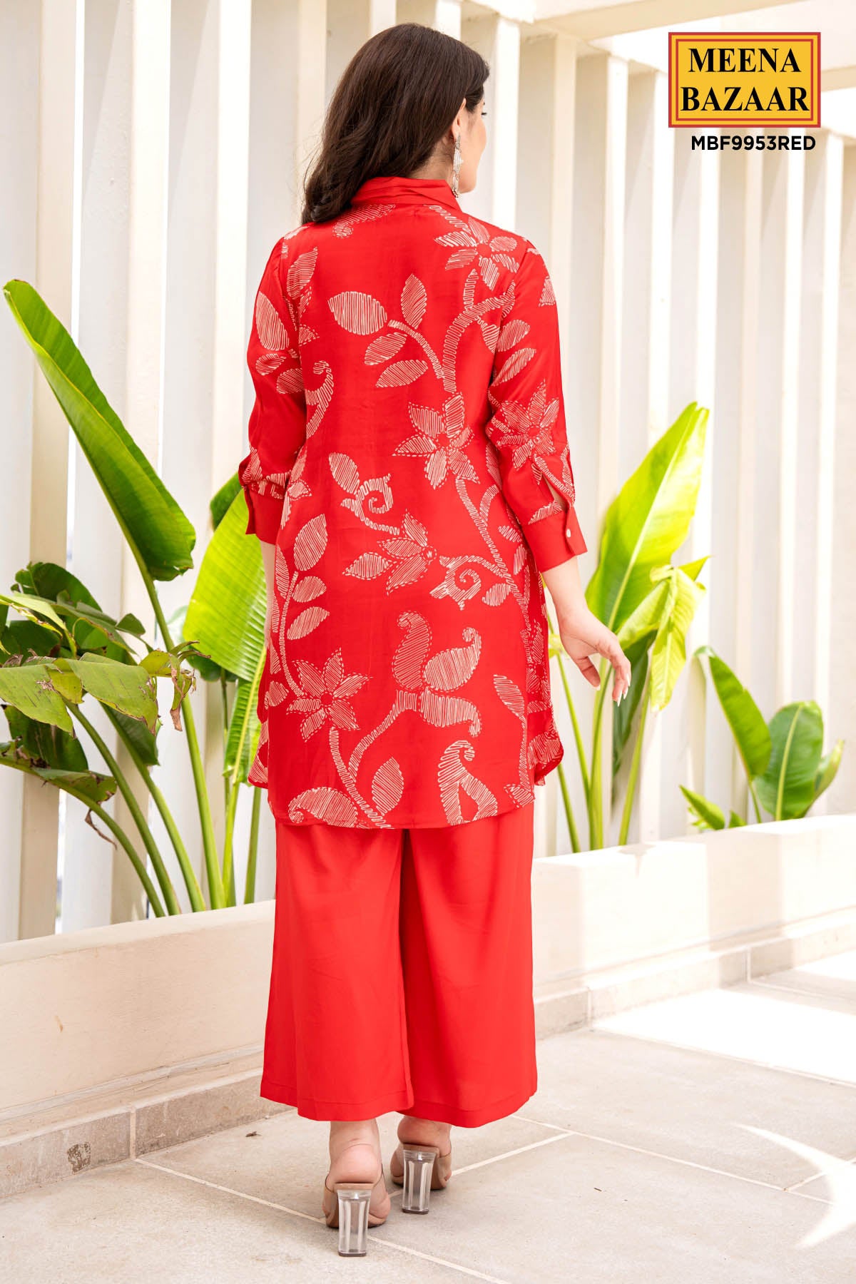 Red Floral Printed Mirror Embellished Satin Kurti Pant Co-Ord Set