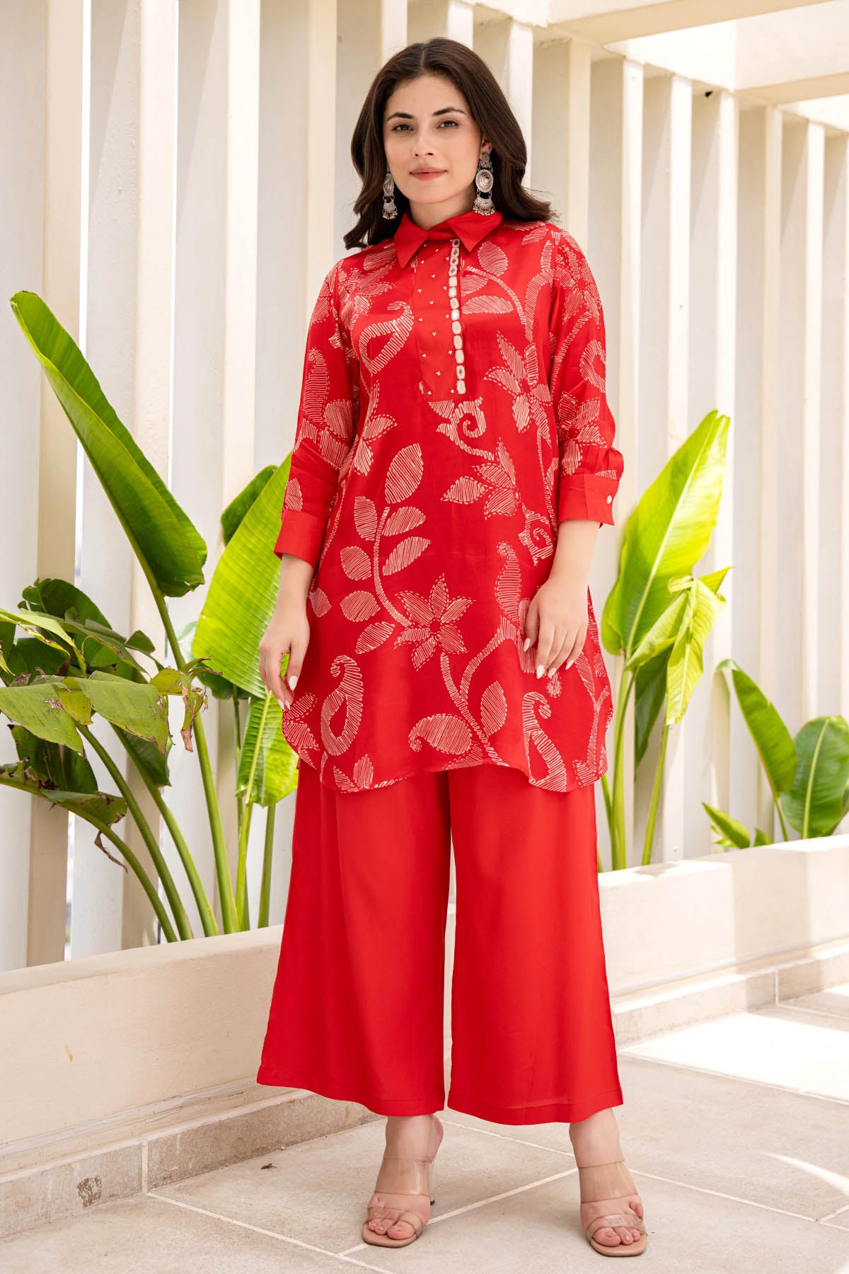 Red Floral Printed Mirror Embellished Satin Kurti Pant Co-Ord Set