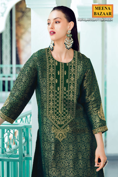 Bottle Green Brocade Silk Zari and Sequins Embroidered Suit Set