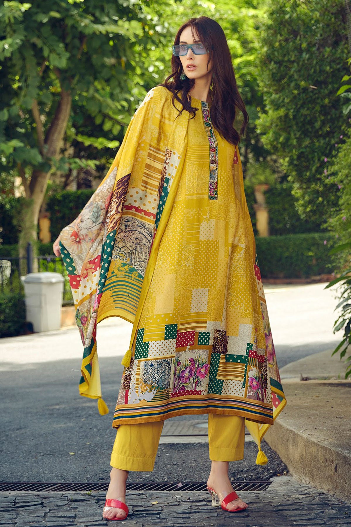 Mustard Pashmina Printed Suit