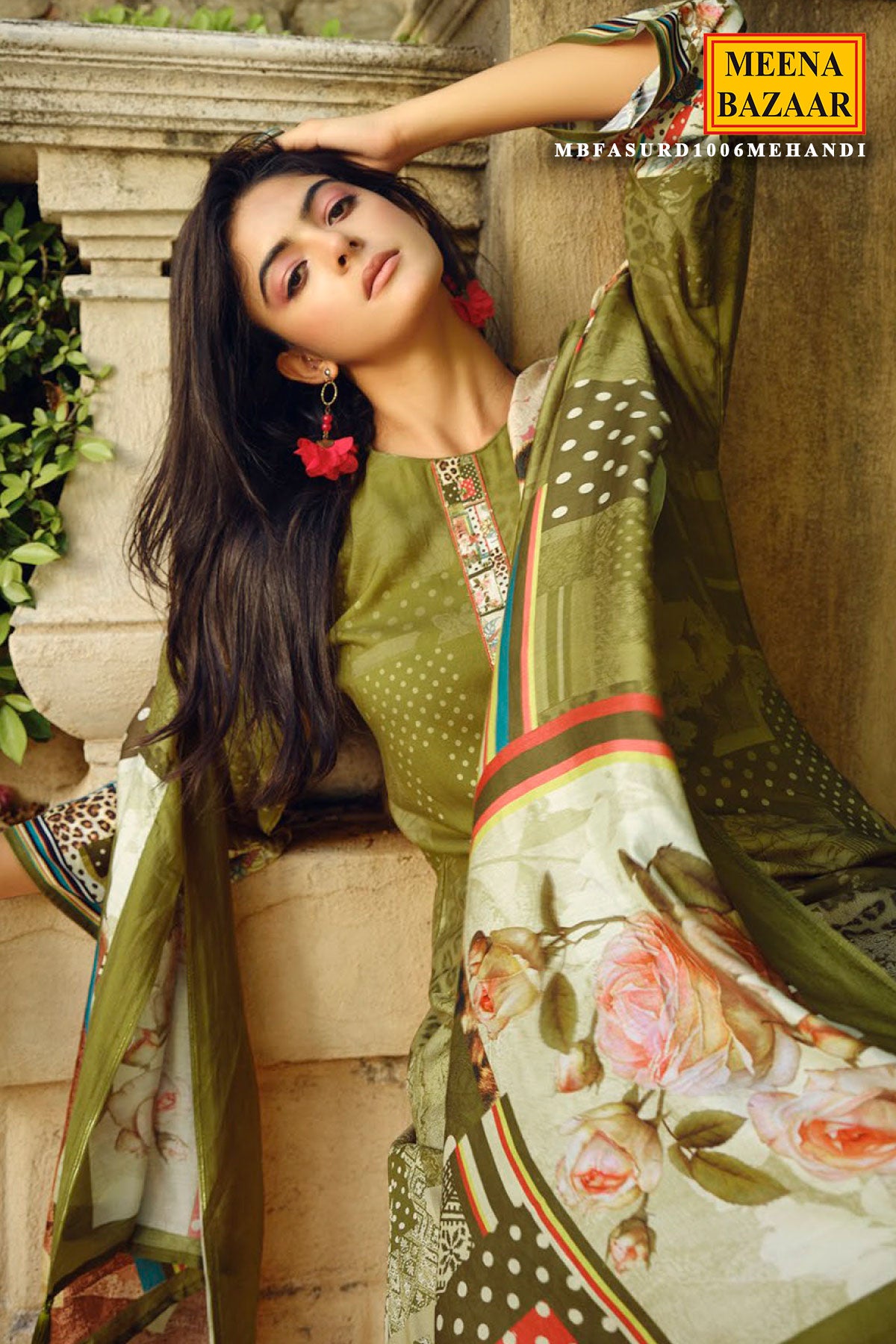 Mehandi Pashmina Printed Suit