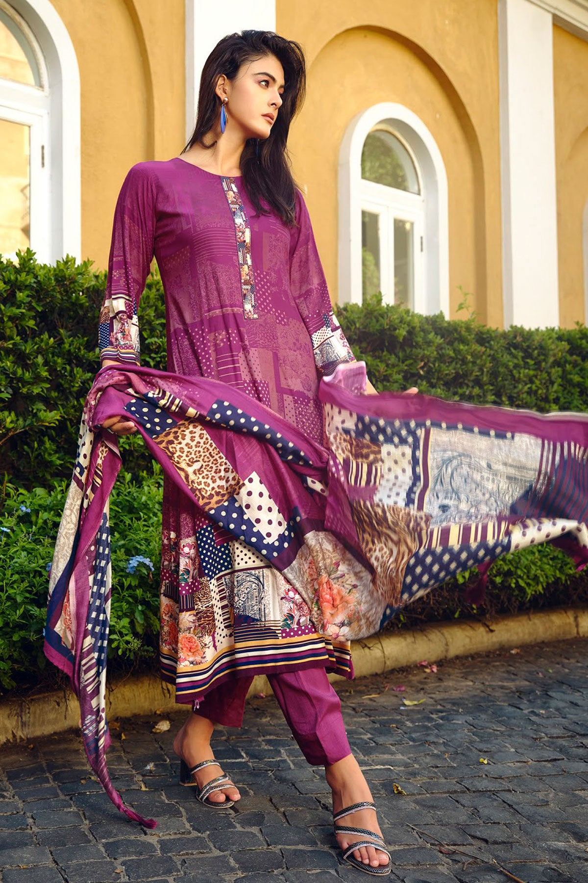 Wine Pashmina Printed Suit