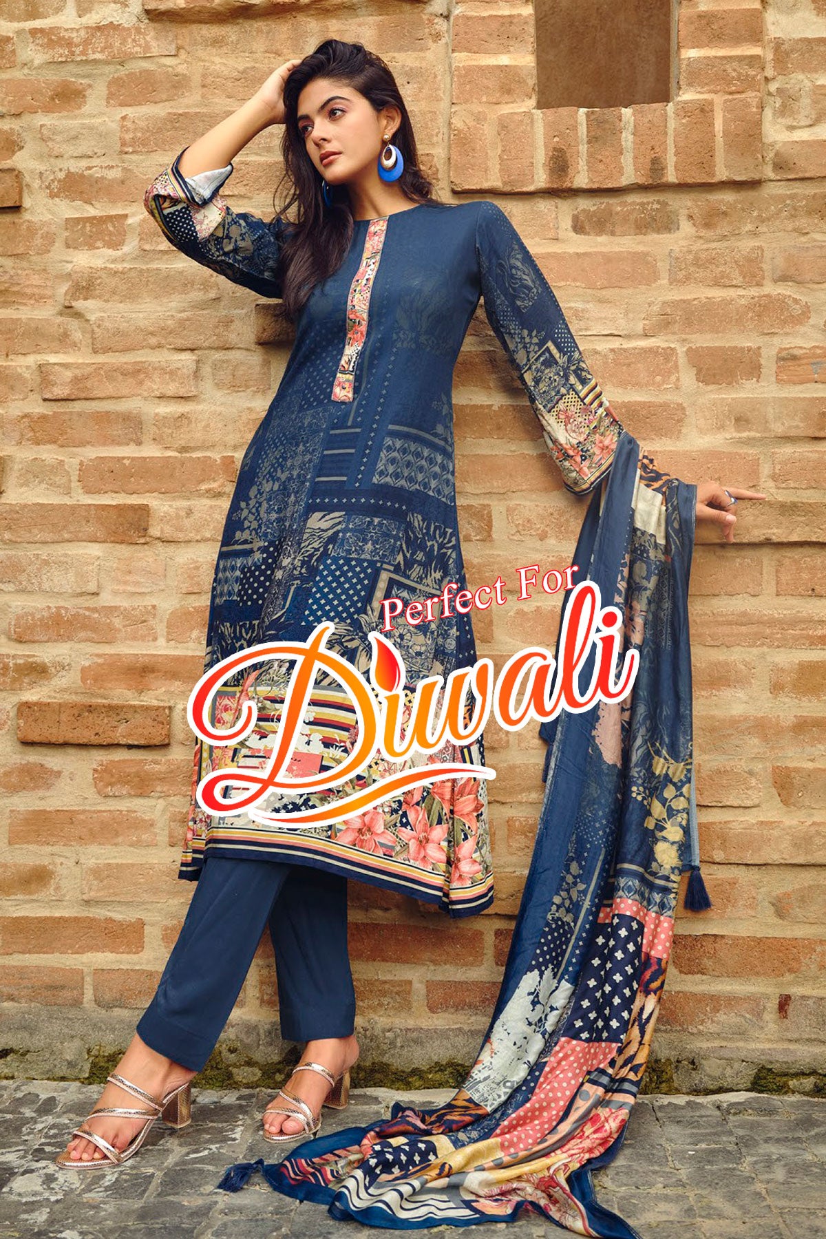 Blue Pashmina Printed Suit