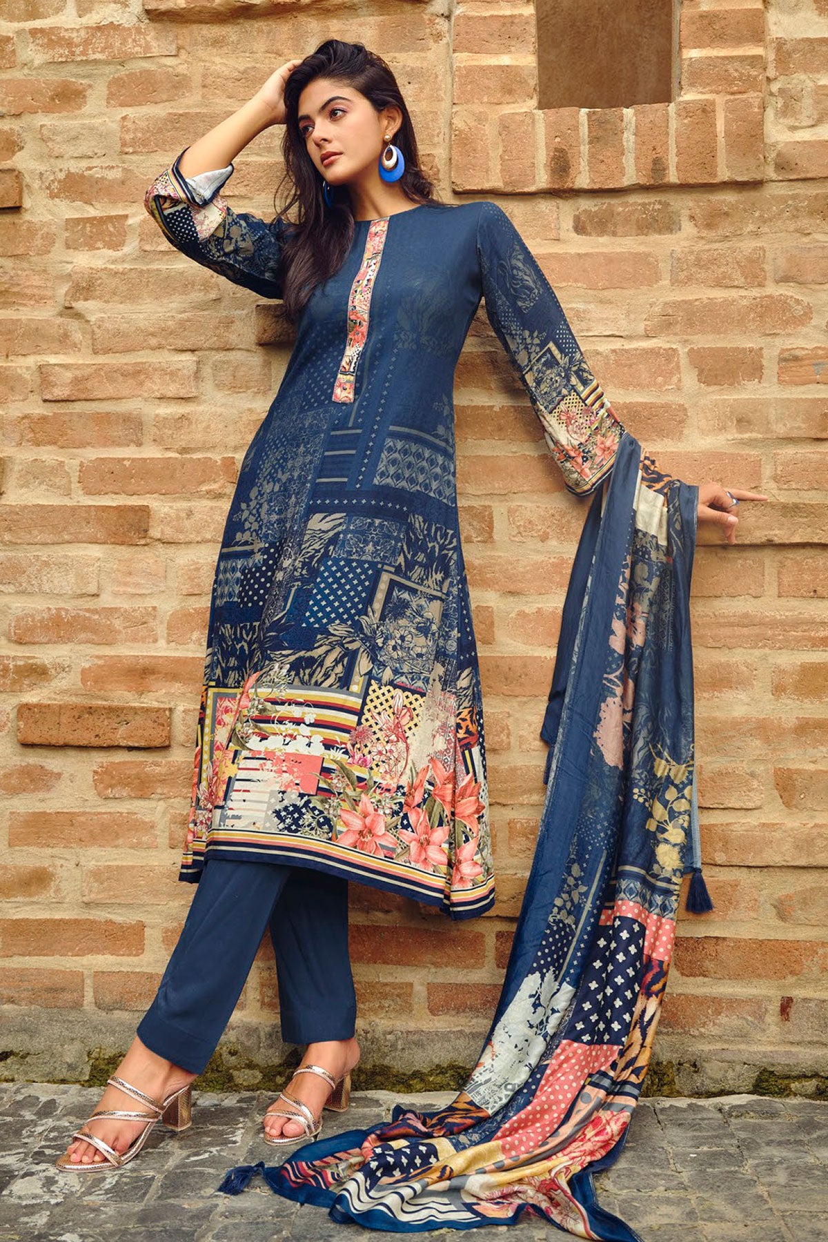 Blue Pashmina Printed Suit