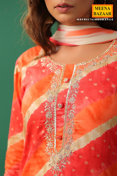 Orange Cotton Printed Suit Set with Sequins and Zari Embroidered Neck