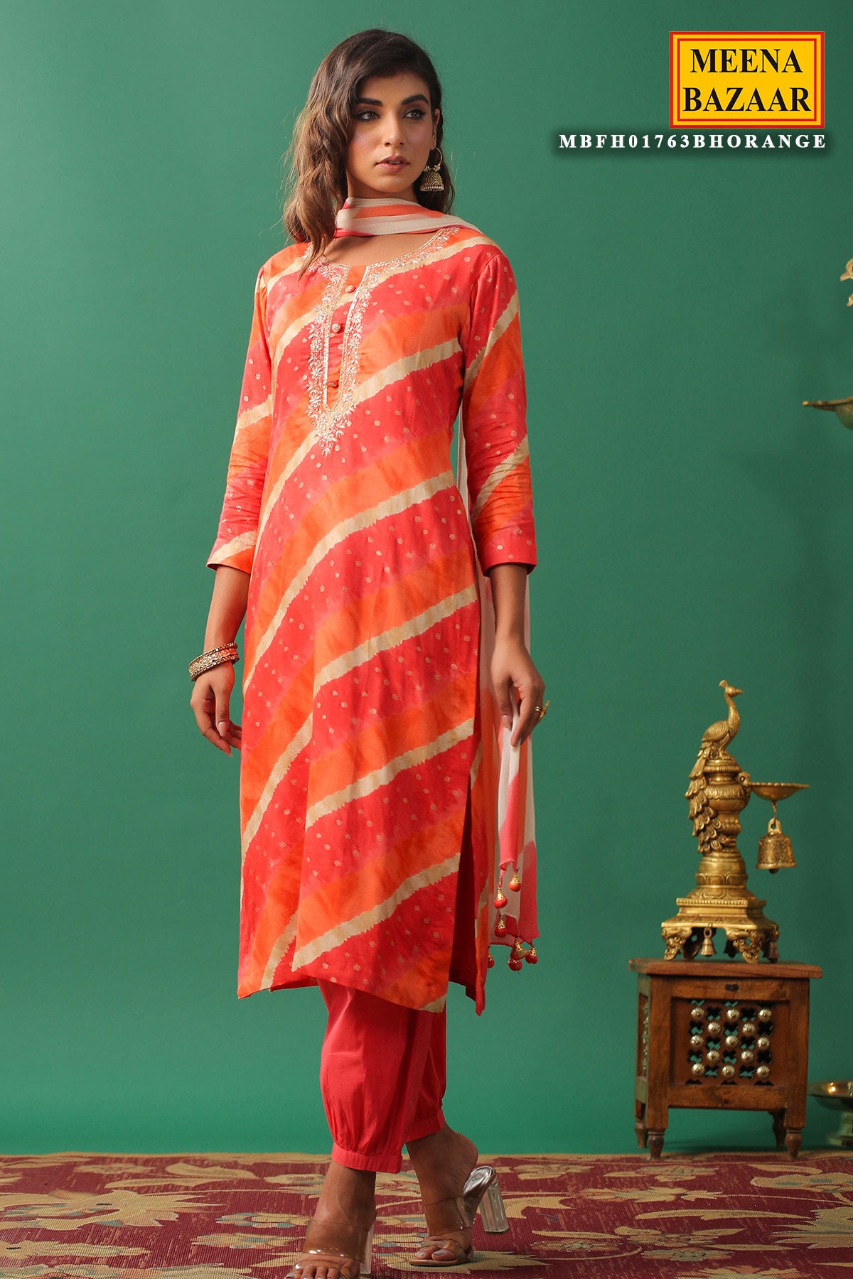 Orange Cotton Printed Suit Set with Sequins and Zari Embroidered Neck