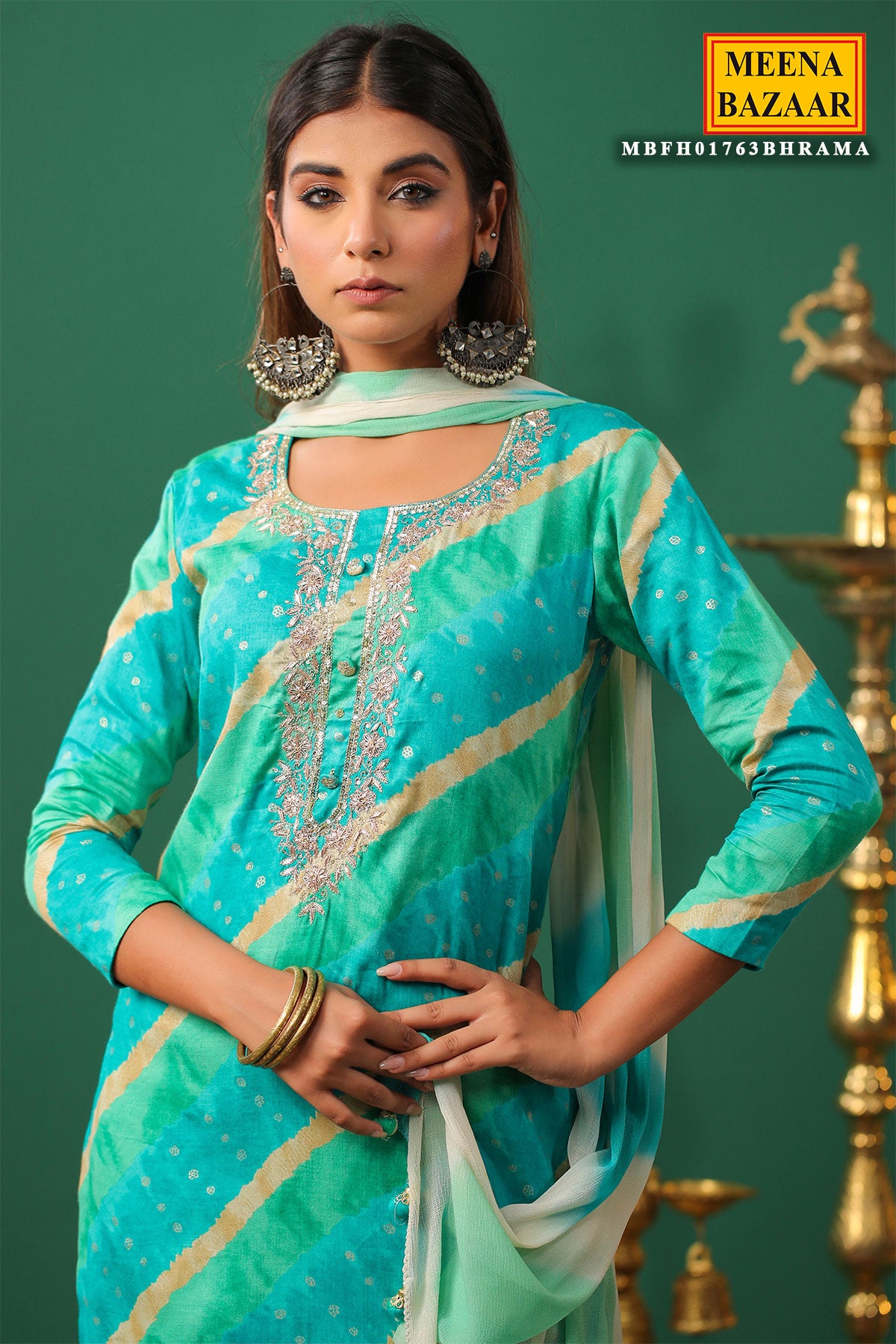 Rama Cotton Printed Suit Set with Sequins and Zari Embroidered Neck