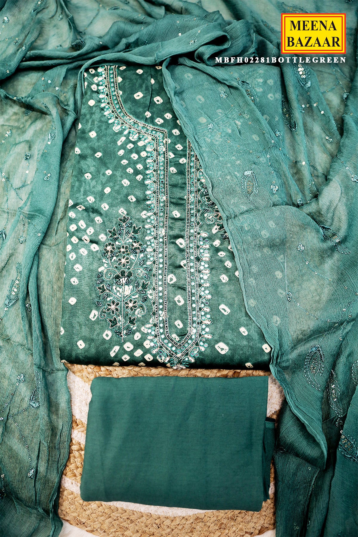 Bottle Green Cotton Bandhej Printed Unstitched Suit